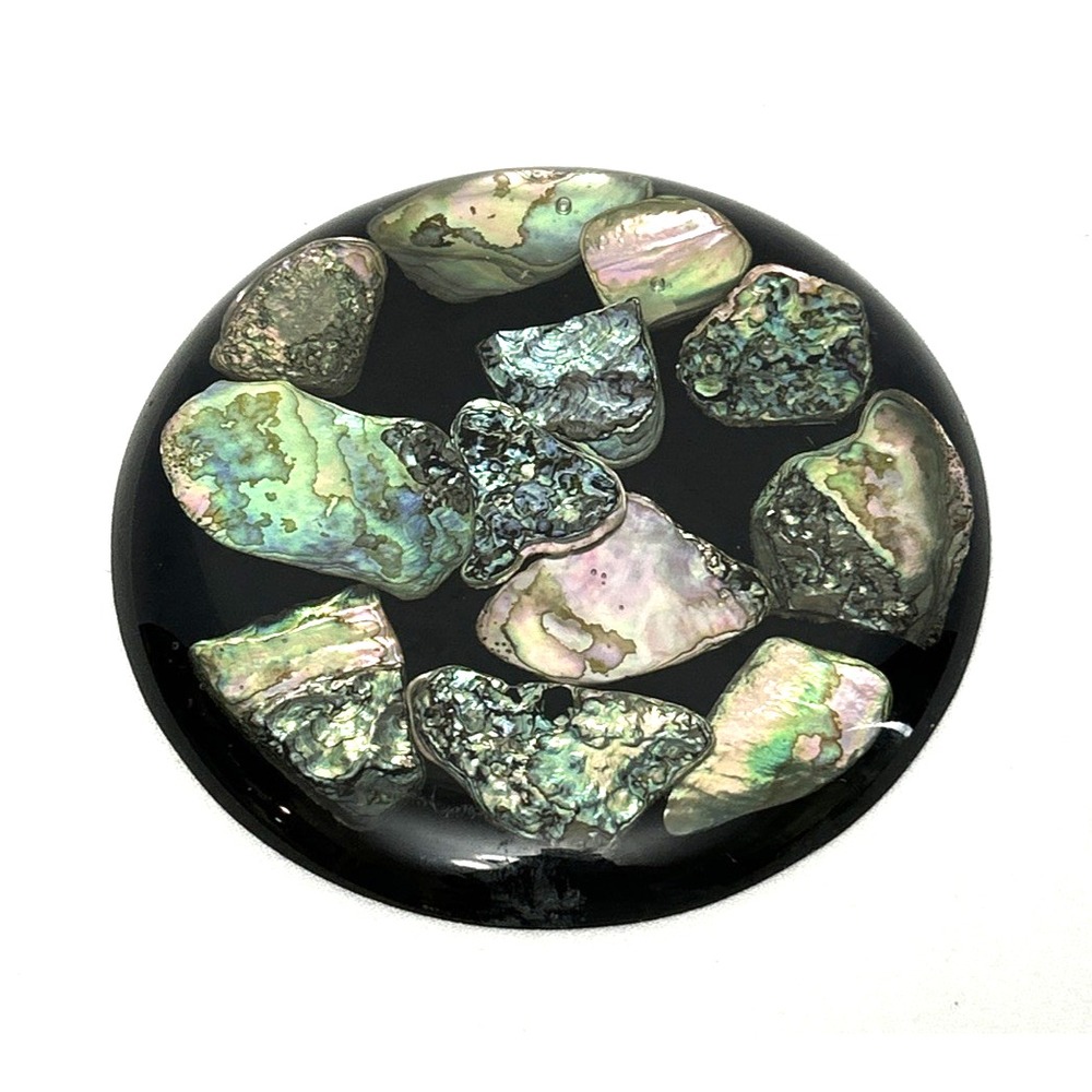 Vtg Abalone Shell Lucite Trivet Hot Plate Round Seashell Retro Coastal Boho